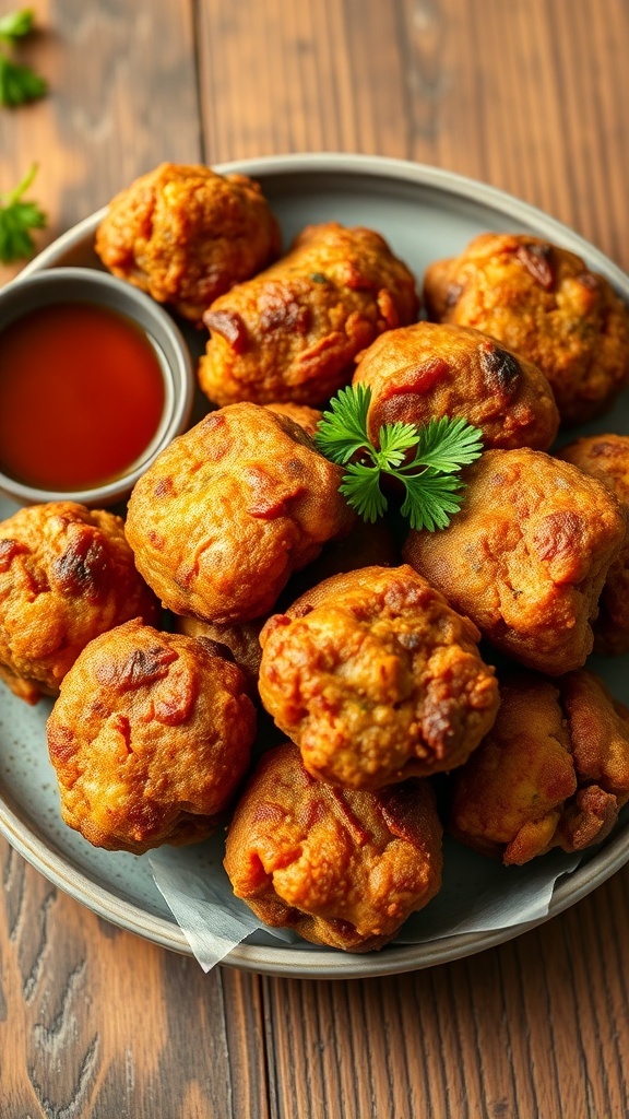 Golden-brown beef fritters garnished with parsley, served with dipping sauce on a rustic table.